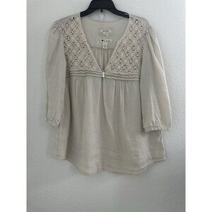 Malvin I love Linen Germany Womens Blouse L Tan 100%‎ Linen Crochet Boho Peasant